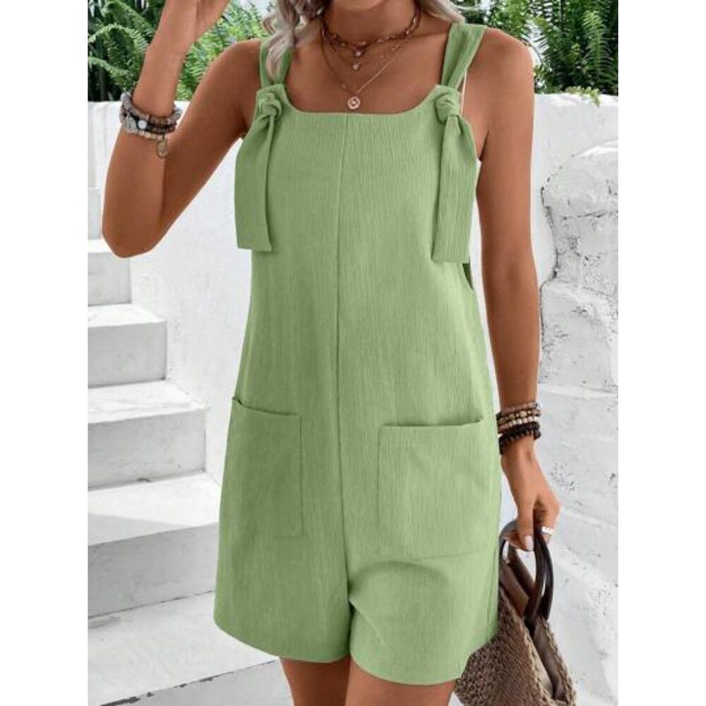 Emery Rose Romper Women Large Sage Green Textured Sleeveless Bow Shoulder Pocket